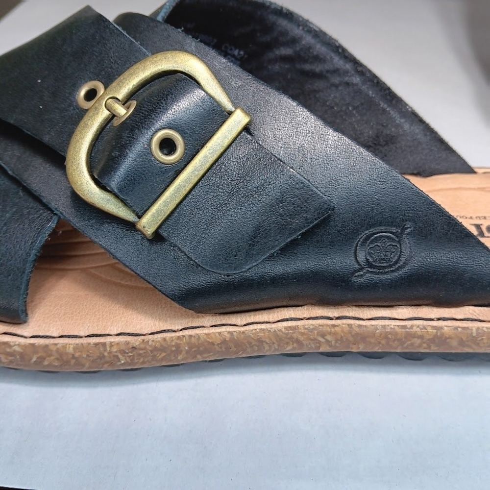 Born Rio Leather Slide Sandals Womens 11 Black Buckle Crisscross Excellent - Picture 8 of 10